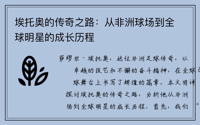 埃托奥的传奇之路：从非洲球场到全球明星的成长历程