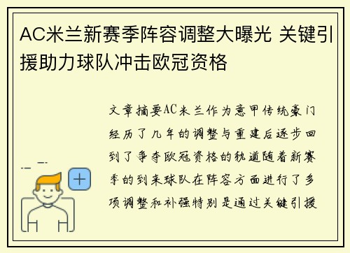 AC米兰新赛季阵容调整大曝光 关键引援助力球队冲击欧冠资格